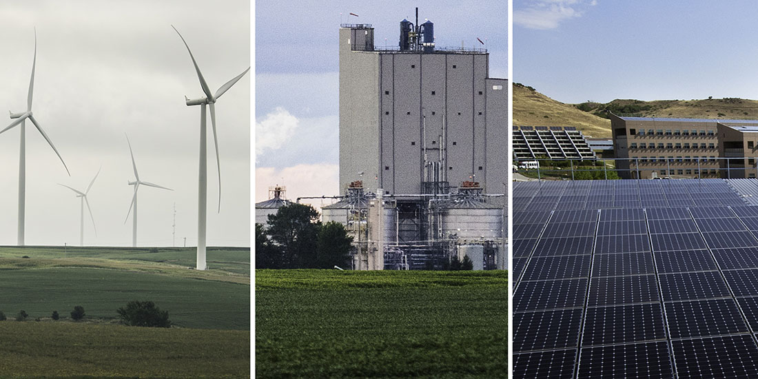 A three-part image shows the three major technologies described in the report: a wind farm, an ethanol plant behind a corn field, and solar panels on top of a building at NREL.