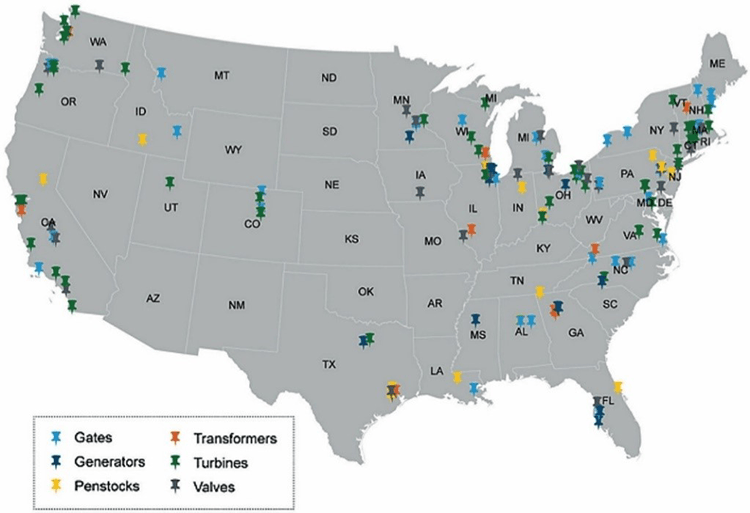 Map showing where hydropower system's key components are manufactured.